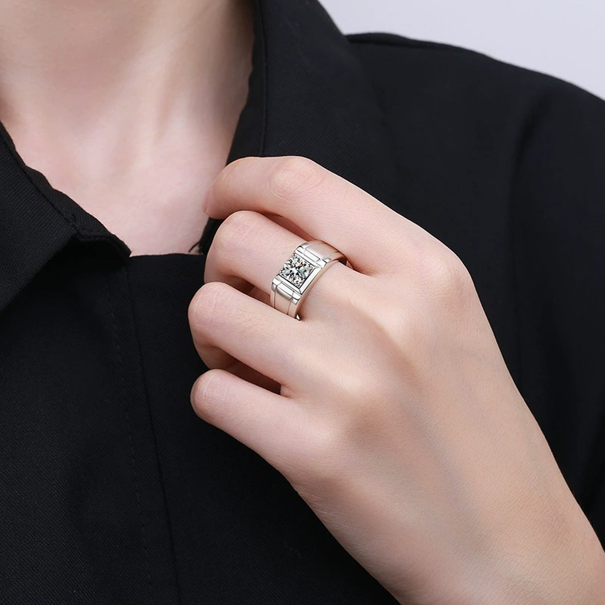 Men's Square Moissanite Ring worn on hand to show scale and ring profile