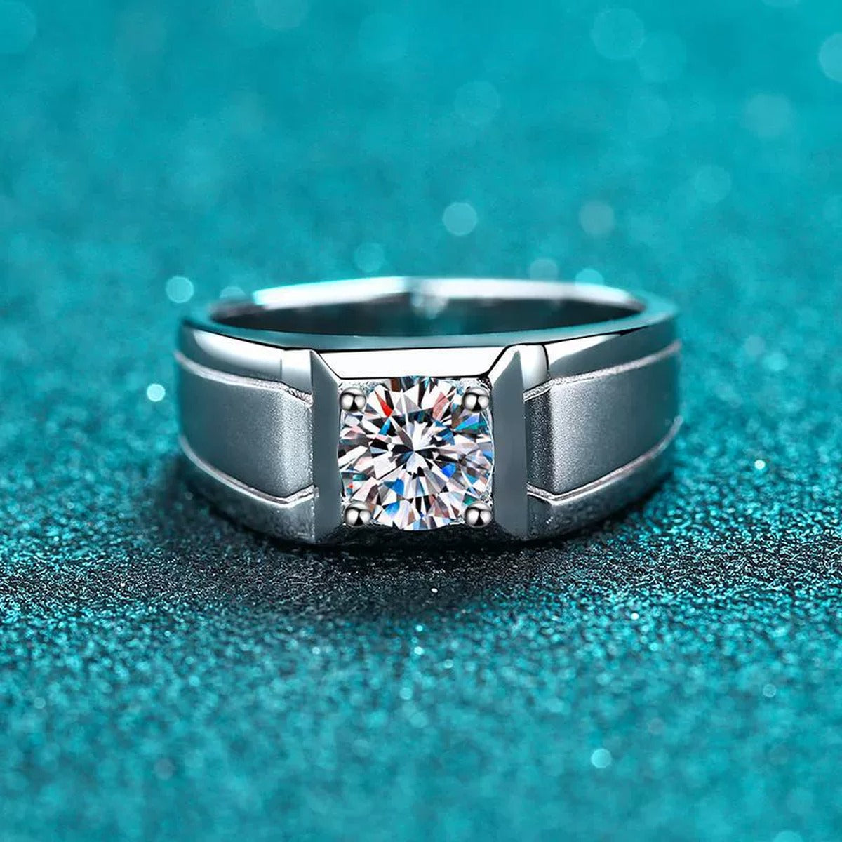Men's Square Moissanite Ring product view showing moissanite setting and rhodium finish