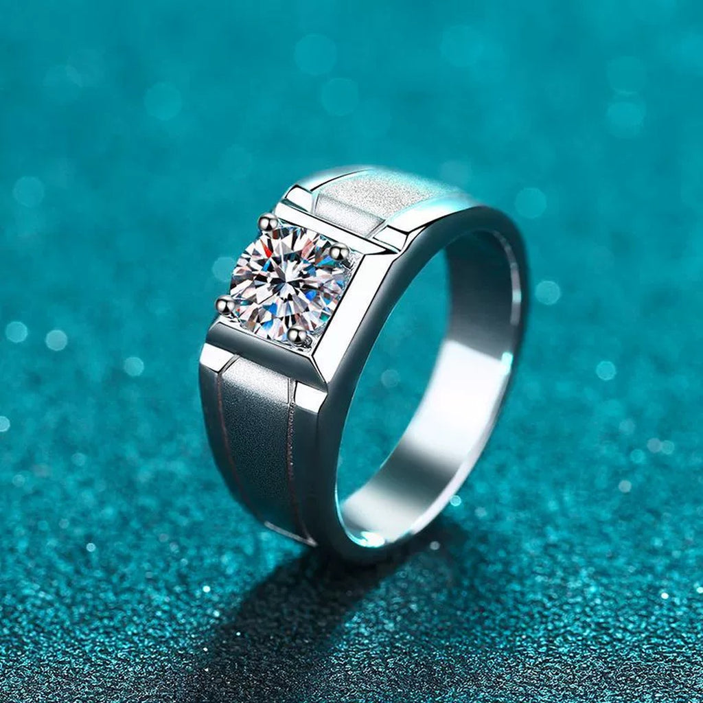 Men's Square Moissanite Ring product view showing moissanite setting and rhodium finish