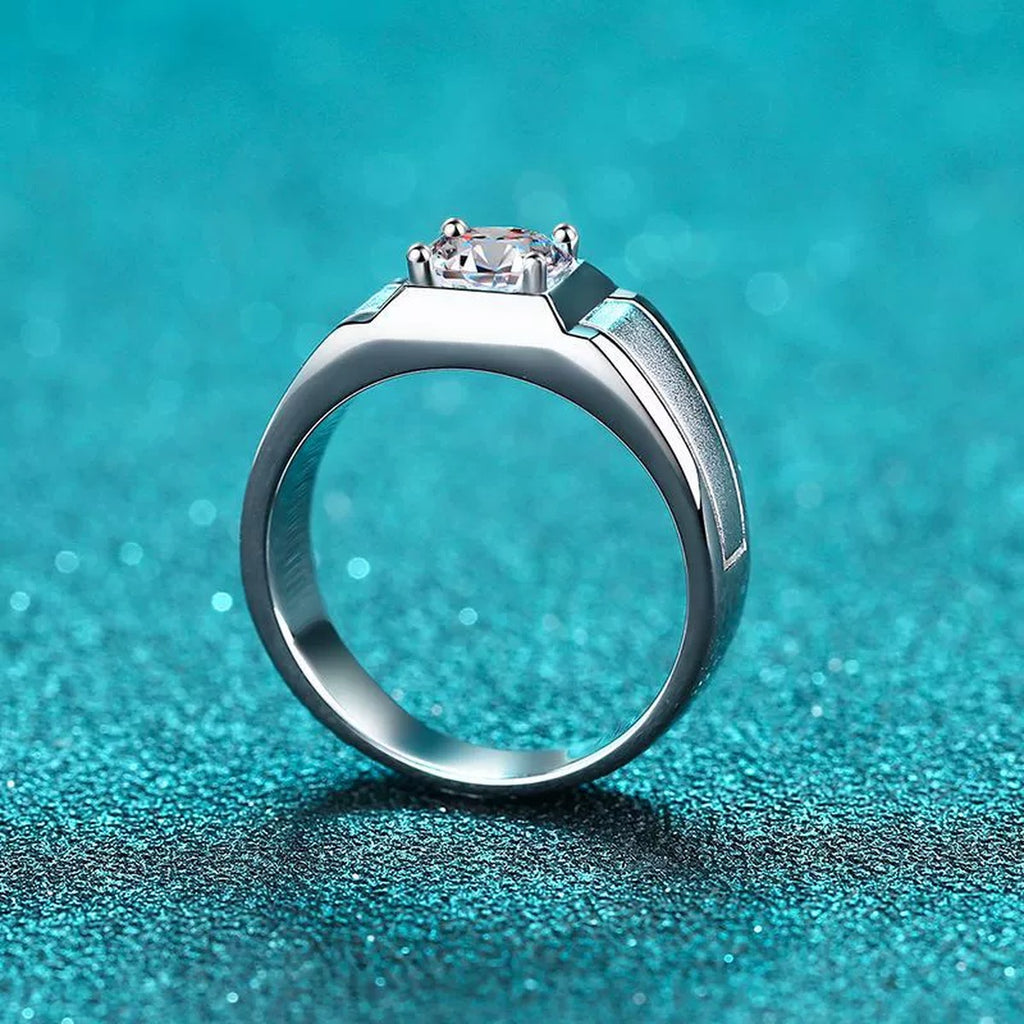 Men's Square Moissanite Ring product view showing moissanite setting and rhodium finish