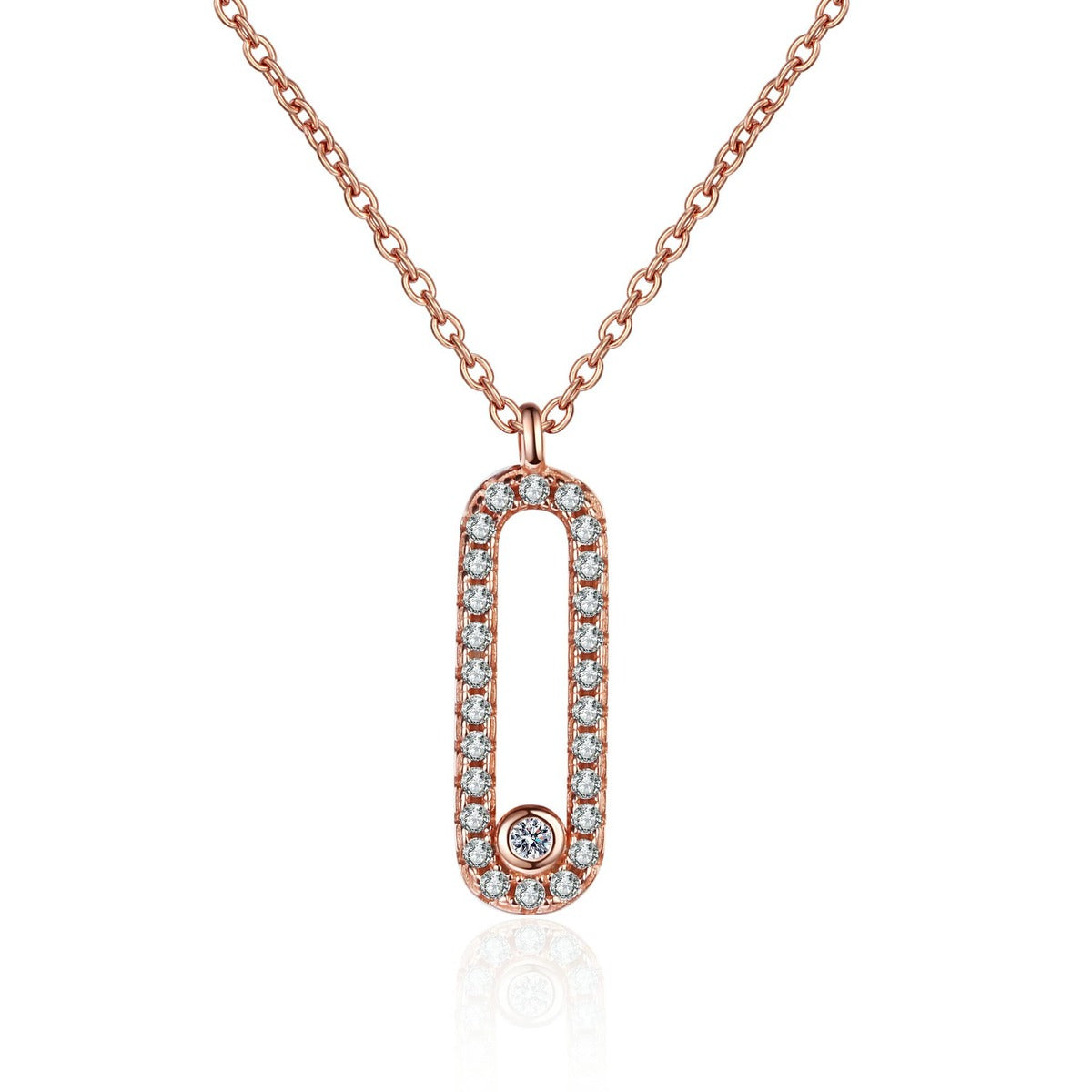 Geometric Lock Moissanite Pendant Necklace in Rhodium and Rose Gold-Plated S925 sterling silver on white background showing pendant shape and round moissanite
