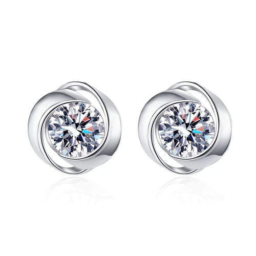Bezel Round Moissanite Stud Earrings in Rhodium-Plated S925 sterling silver white background product photo showing the pair, stone shape, and stud earrings silhouette
