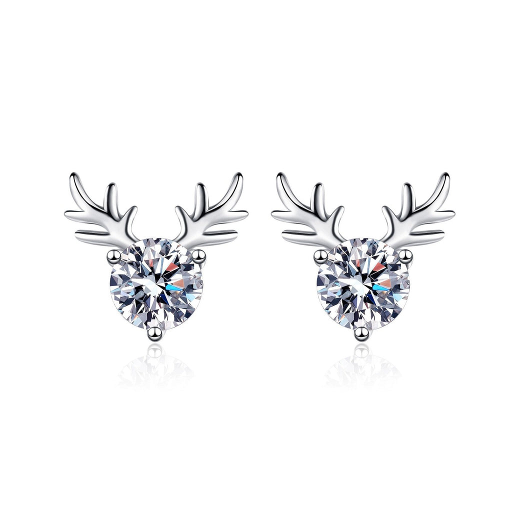 Deer Antler Moissanite Stud Earrings in Rhodium-Plated S925 sterling silver white background product photo showing the pair, stone shape, and stud earrings silhouette