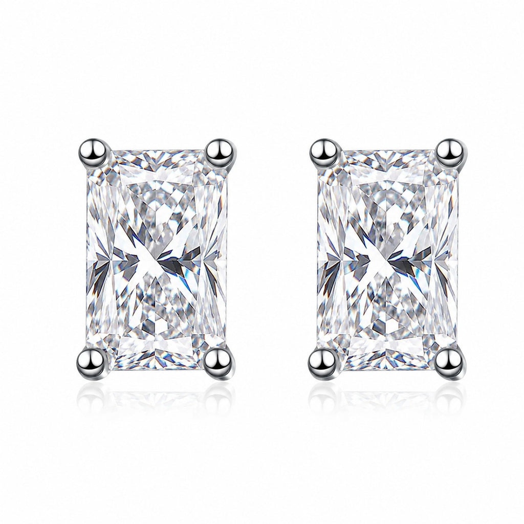 Emerald and Radiant Cut Moissanite Stud Earrings in Rhodium-Plated S925 sterling silver white background product photo showing the pair, stone shape, and stud earrings silhouette
