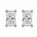 Emerald and Radiant Cut Moissanite Stud Earrings in Rhodium-Plated S925 sterling silver white background product photo showing the pair, stone shape, and stud earrings silhouette