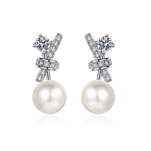 Bow Pearl Moissanite Stud Drop Earrings in Rhodium-Plated S925 sterling silver on white background showing the full pair, pearl and moissanite detail, and stud earrings silhouette