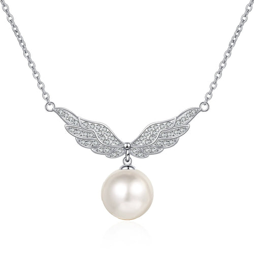 Angel Wing Moissanite Pearl Pendant Necklace in Rhodium-Plated S925 sterling silver white background product photo showing angel wing pendant with round moissanite and a near round pearl drop