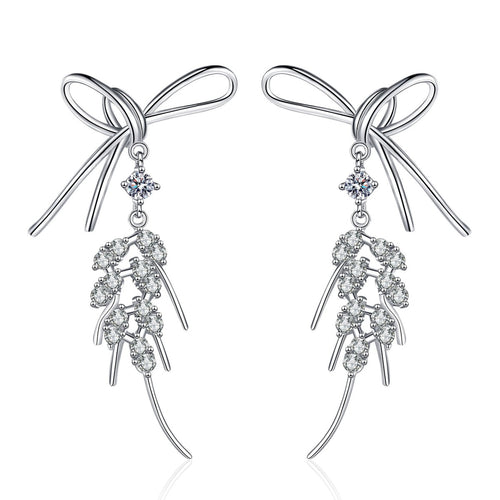 Bow Moissanite Stud Dangle Earrings in Rhodium-Plated S925 sterling silver white background product photo showing the pair, stone shape, and stud dangle earrings silhouette