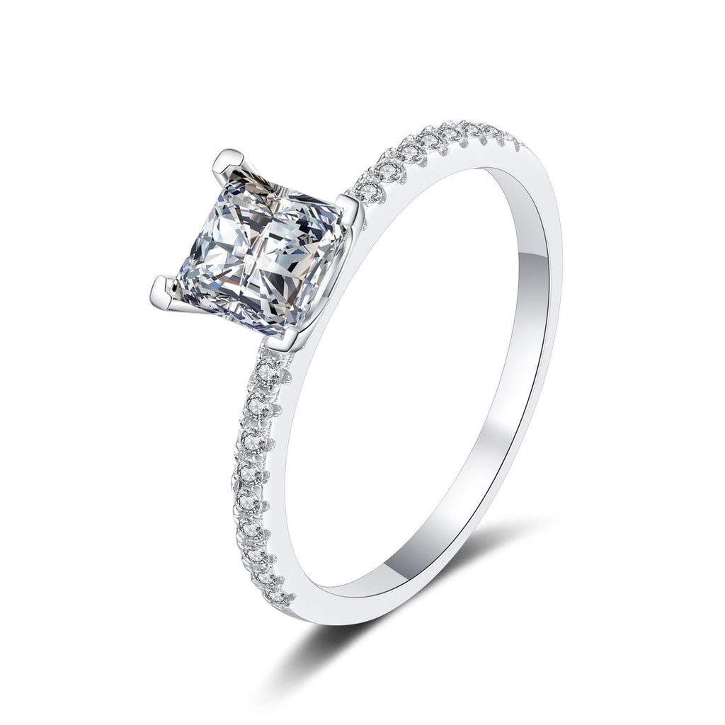 Princess Cut Moissanite Ring with CZ in rhodium-plated S925 sterling silver on clean white background