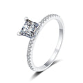 Princess Cut Moissanite Ring with CZ in rhodium-plated S925 sterling silver on clean white background