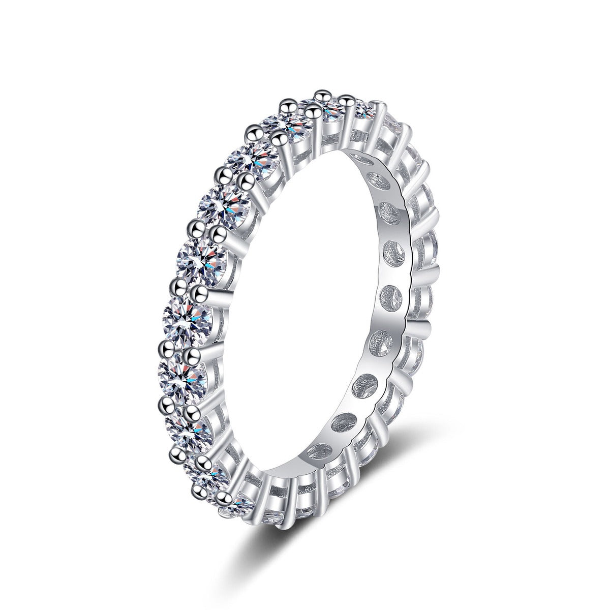 Round Moissanite Eternity Band Ring in rhodium-plated S925 sterling silver on clean white background