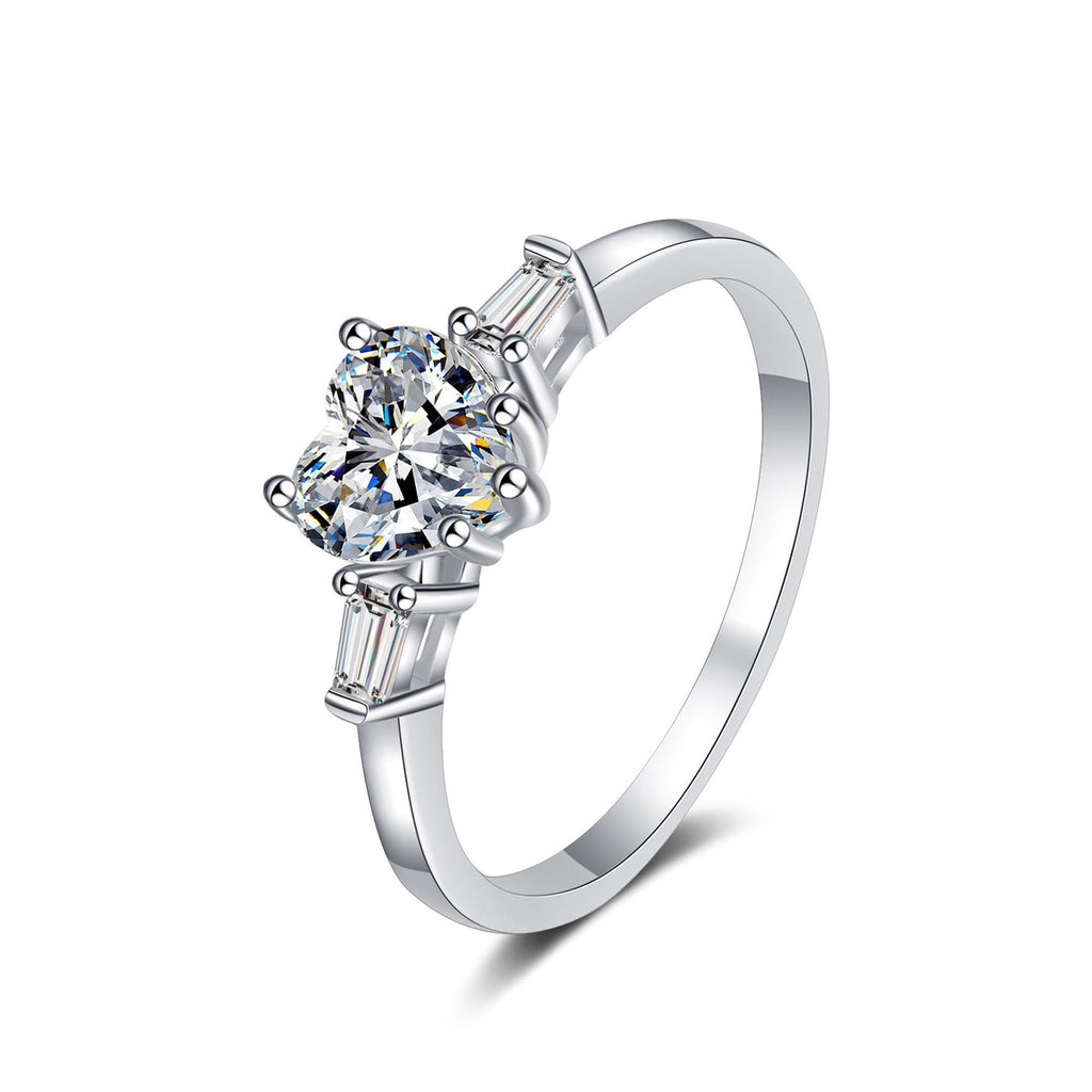 Heart Cut Moissanite Ring with CZ in rhodium-plated S925 sterling silver on clean white background