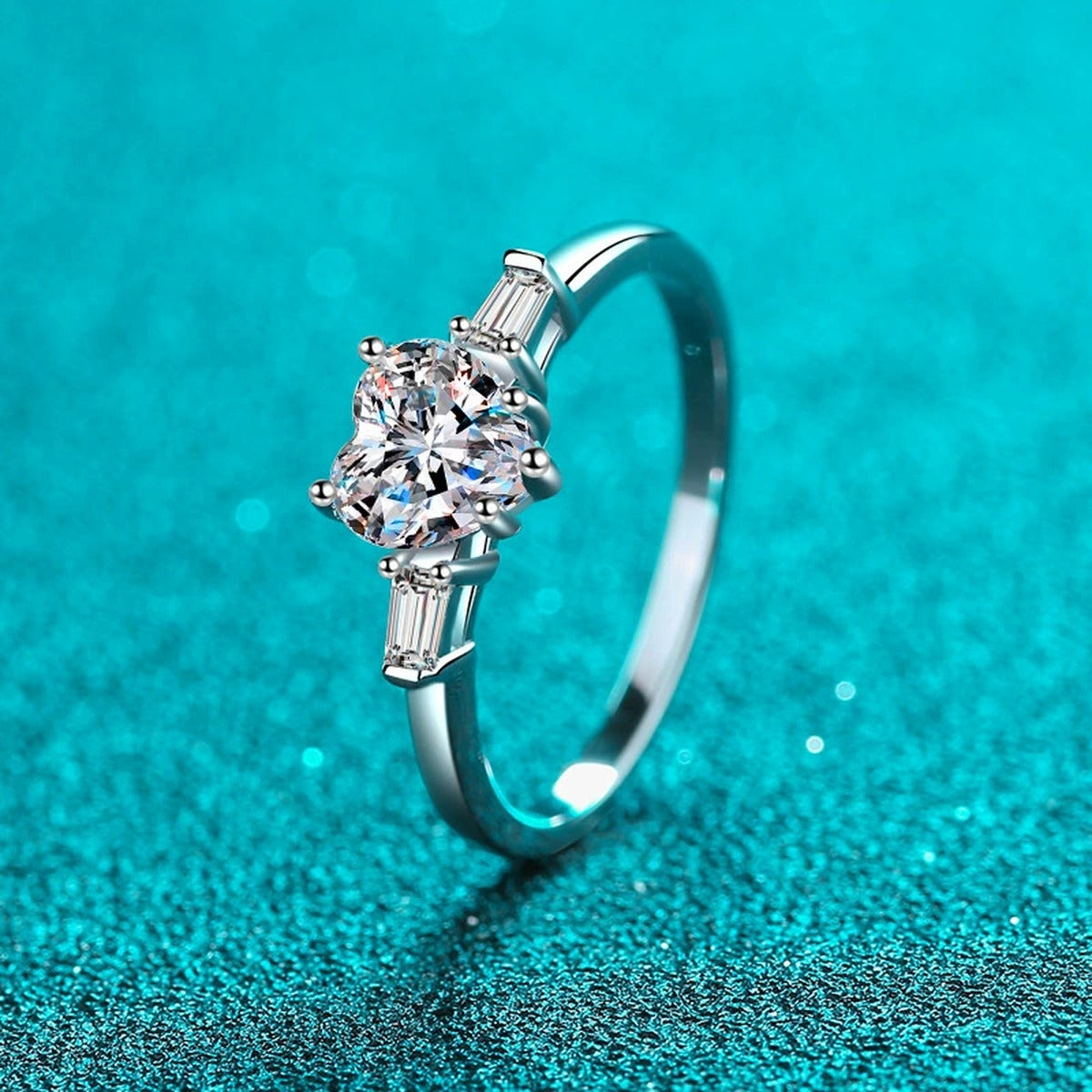 Heart Cut Moissanite Ring with CZ product view showing moissanite setting and metal finish
