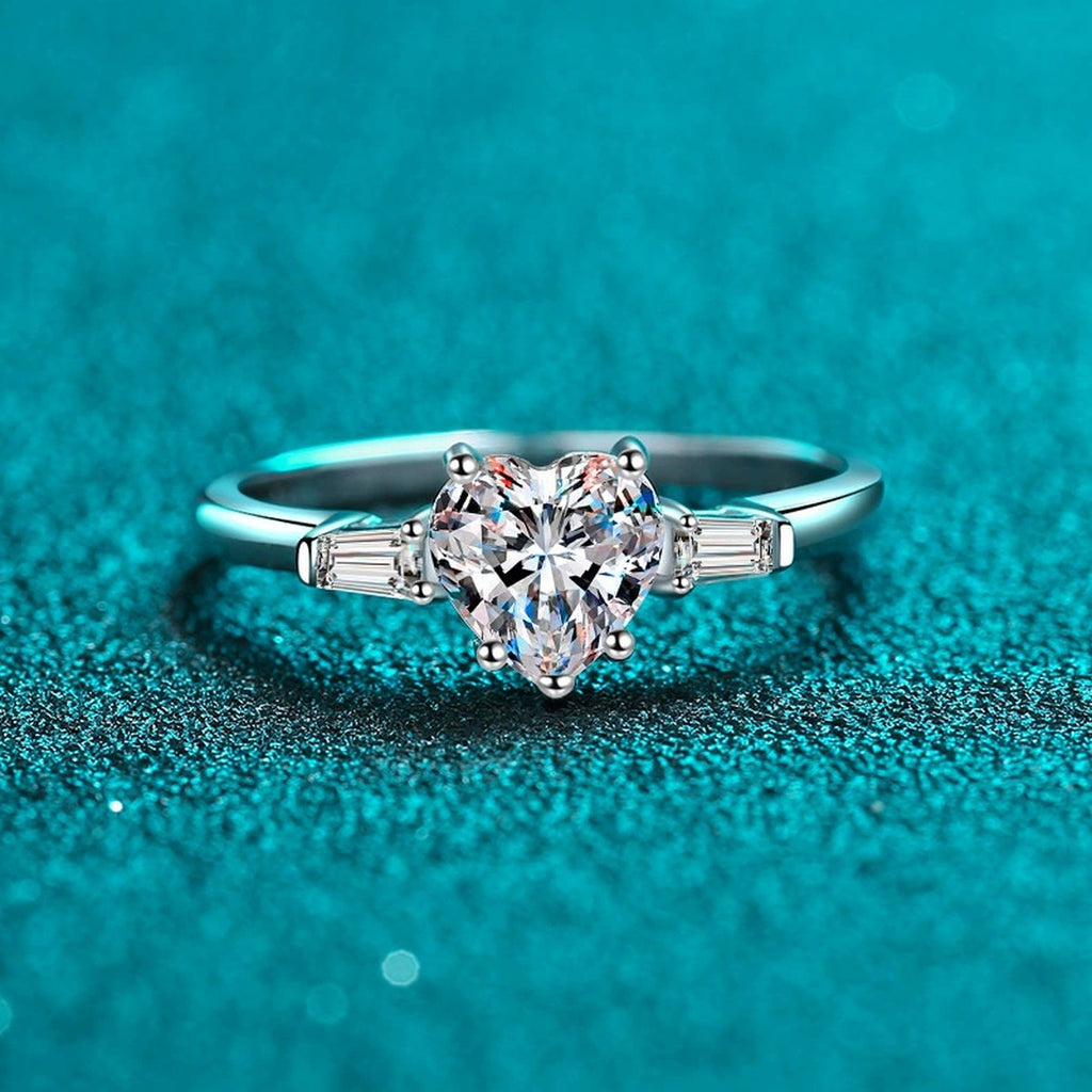 Heart Cut Moissanite Ring with CZ product view showing moissanite setting and metal finish