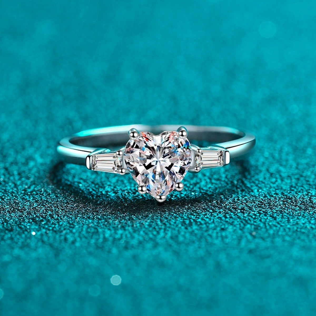 Heart Cut Moissanite Ring with CZ product view showing moissanite setting and metal finish
