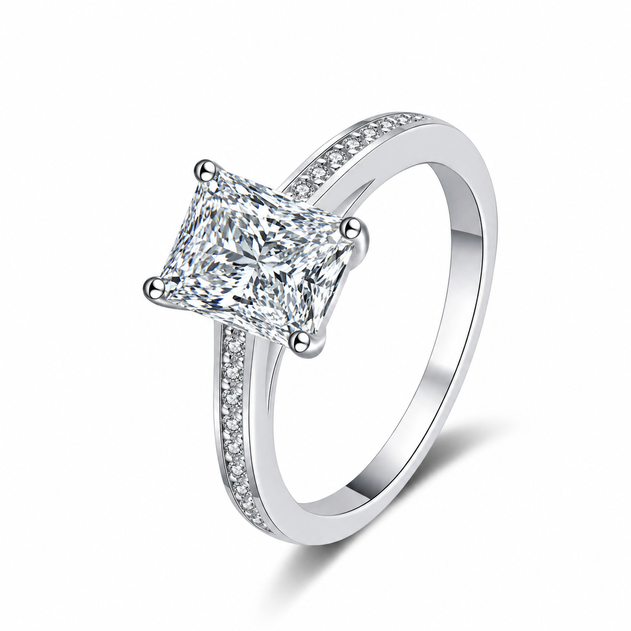 Emerald and Radiant Cut Moissanite Ring with CZ in rhodium-plated S925 sterling silver on clean white 