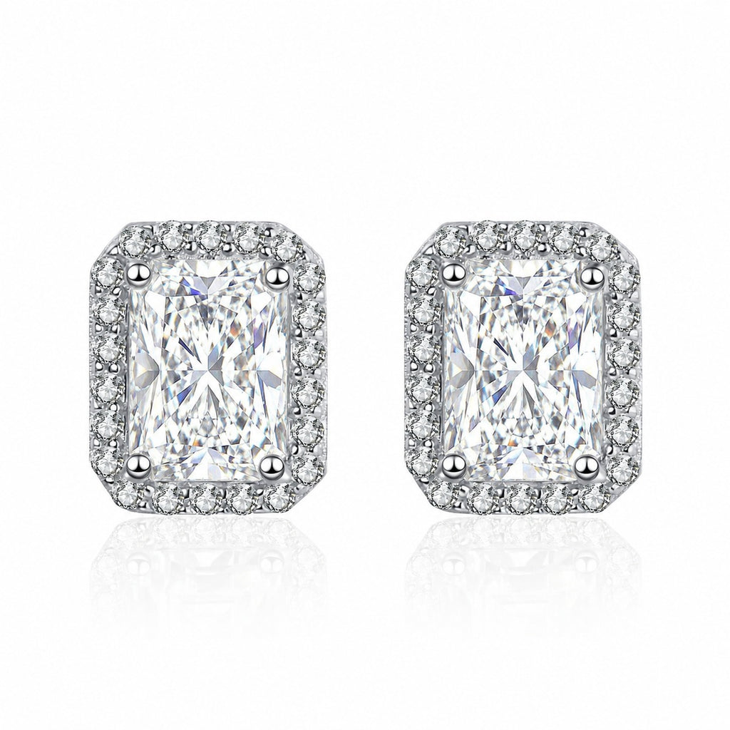 Emerald and Radiant Moissanite Stud Earrings with CZ in Rhodium-Plated S925 sterling silver product scene view showing pair comparison