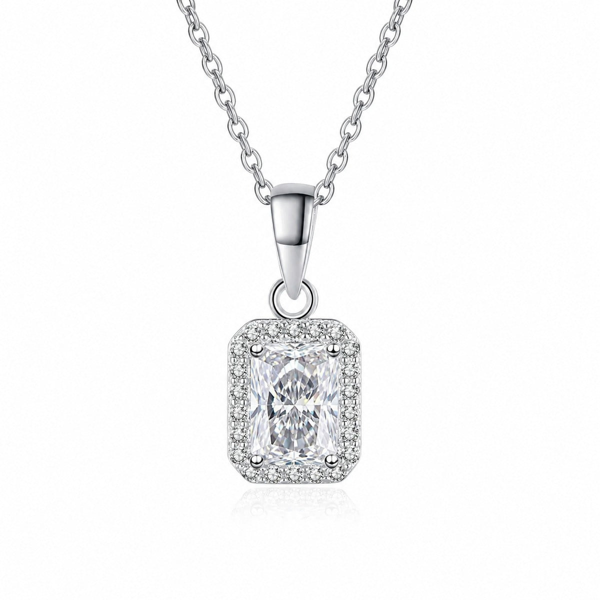 Emerald and Radiant Cut Moissanite Pendant Necklace with CZ in Rhodium-Plated S925 sterling silver white background product photo showing rectangular halo pendant offered in emerald-cut and radiant-cut moissanite styles