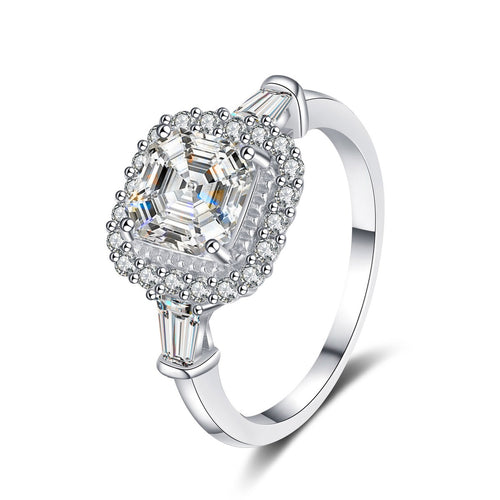 Asscher Cut Moissanite Halo Engagement Ring with CZ in Rhodium-Plated S925 Sterling Silver clean white background product photo showing the ring silhouette and moissanite setting