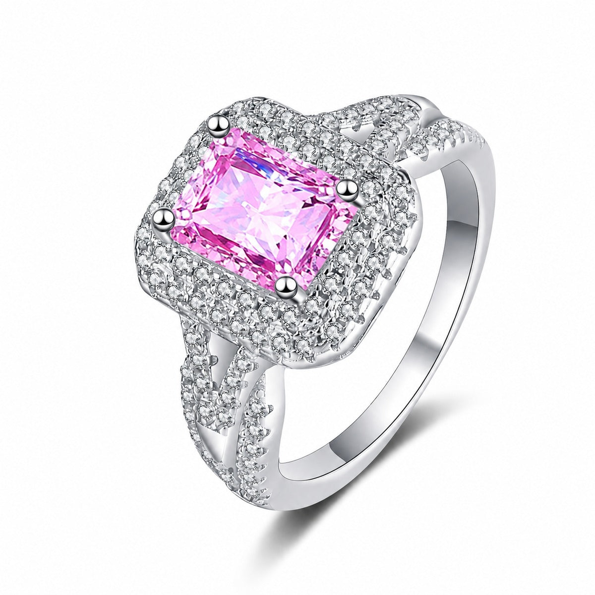 Emerald and Radiant Cut Moissanite Engagement Ring with CZ pink radiant cut moissanite ring on clean white background
