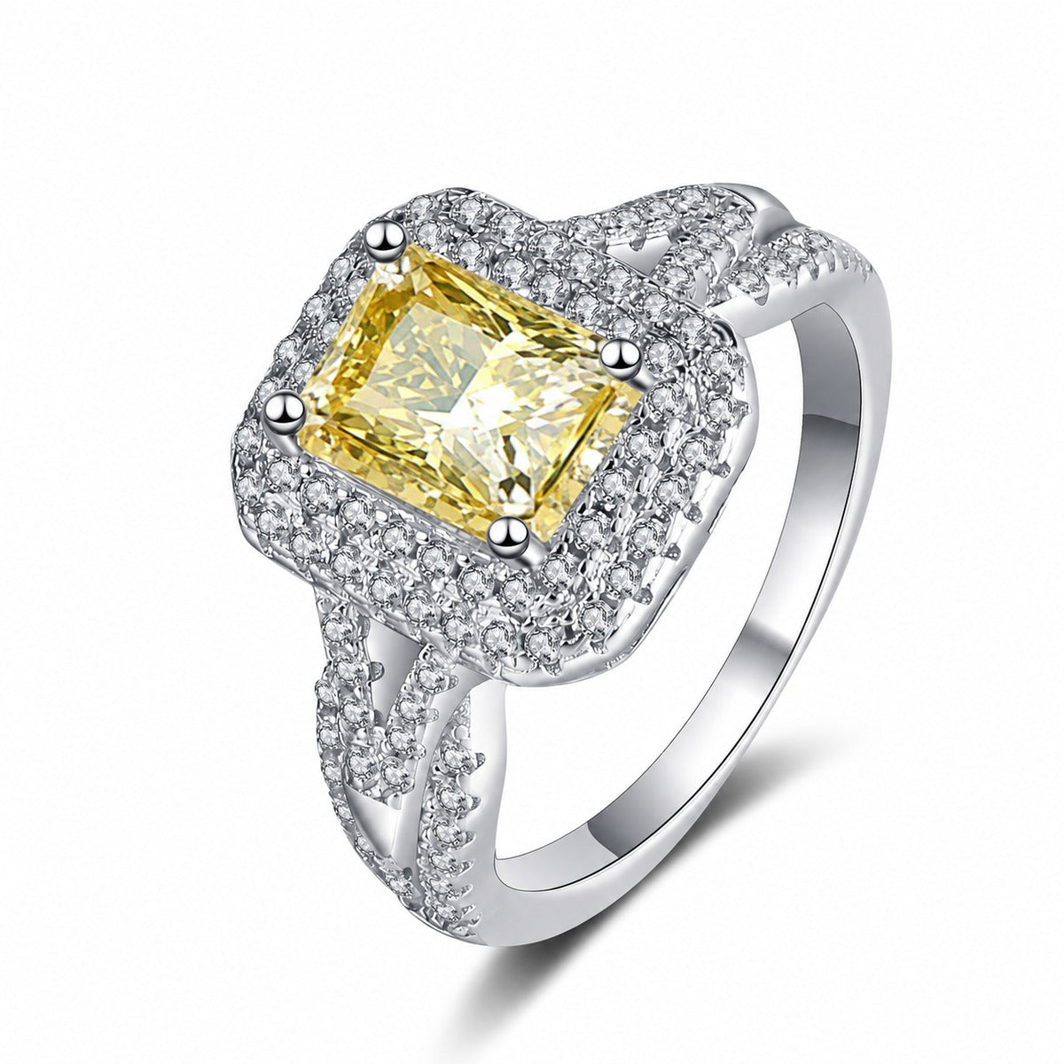 Emerald and Radiant Cut Moissanite Engagement Ring with CZ yellow radiant cut moissanite ring on clean white background