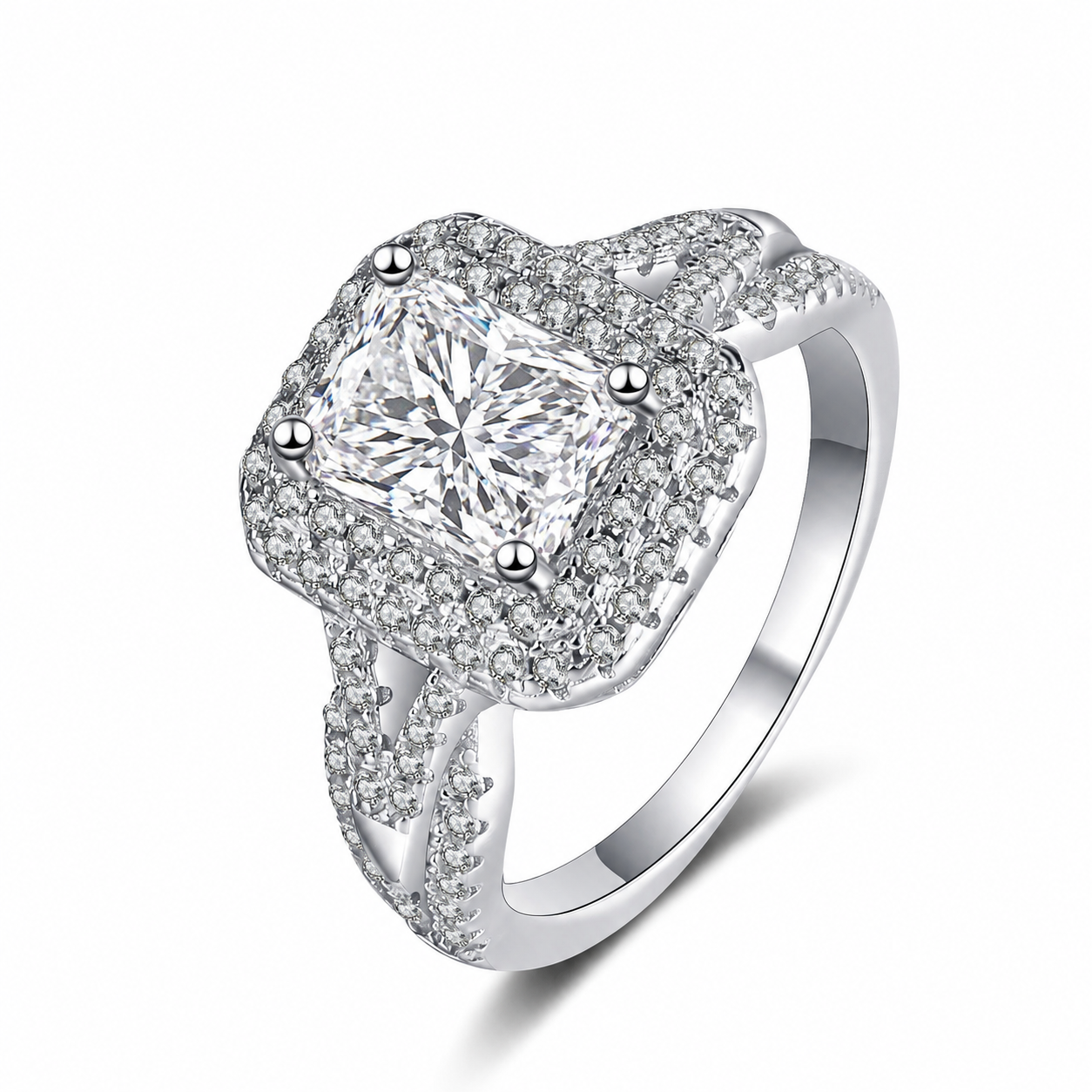 Emerald and Radiant Cut Moissanite Engagement Ring with CZ white radiant cut moissanite ring on clean white background