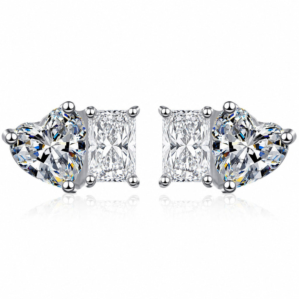 Heart and Rectangular Cut Moissanite Stud Earrings in Rhodium-Plated S925 sterling silver white background product photo showing the pair, stone shape, and stud earrings silhouette