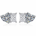 Heart and Rectangular Cut Moissanite Stud Earrings in Rhodium-Plated S925 sterling silver white background product photo showing the pair, stone shape, and stud earrings silhouette