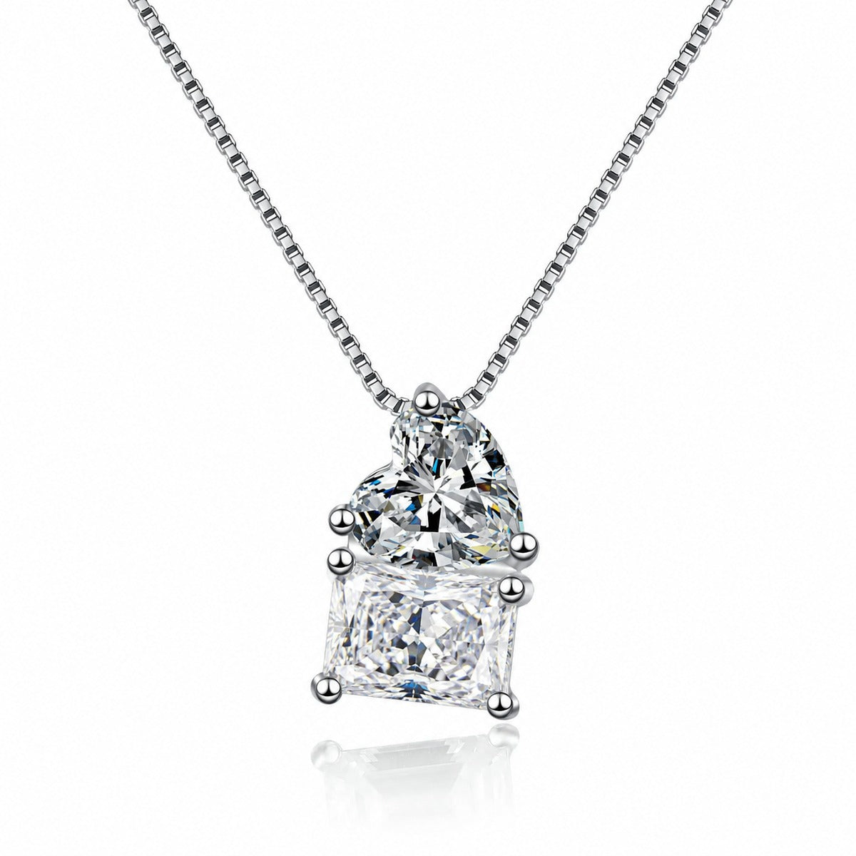 Heart Emerald and Radiant Cut Moissanite Pendant Necklace in Rhodium-Plated S925 sterling silver white background product photo showing heart-accent pendant offered with emerald-cut or radiant-cut moissanite