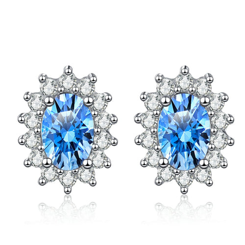 Blue Oval Moissanite Halo Stud Earrings with CZ in Rhodium-Plated S925 sterling silver white background product photo showing the pair, stone shape, and stud earrings silhouette