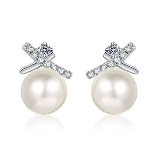 Bow Pearl and Moissanite Stud Dangle Earrings with CZ in Rhodium-Plated S925 sterling silver white background product photo showing the pair, stone shape, and stud dangle earrings silhouette