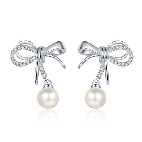 Bow Pearl and Moissanite Stud Dangle Earrings in Rhodium-Plated S925 sterling silver white background product photo showing the pair, stone shape, and stud dangle earrings silhouette