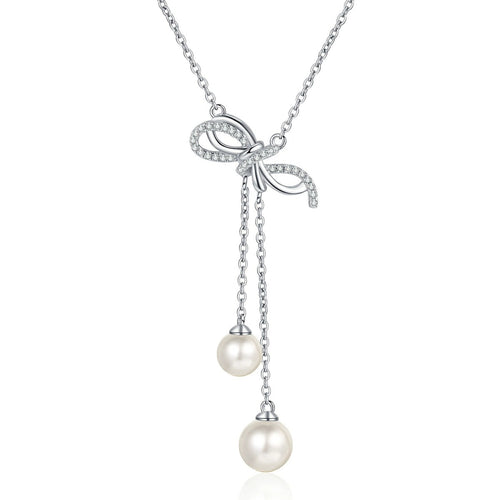 Bow Lariat Moissanite Pearl Necklace in Rhodium-Plated S925 sterling silver white background product photo showing bow lariat pearl necklace with two near round pearl drops