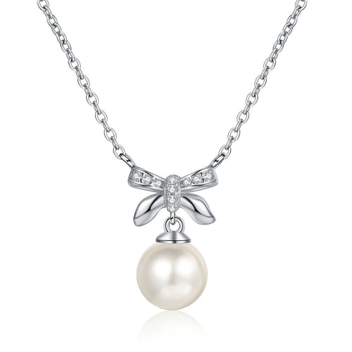 Bow Moissanite Pearl Pendant Necklace in Rhodium-Plated S925 sterling silver white background product photo showing petite bow pearl pendant with small round moissanite accents