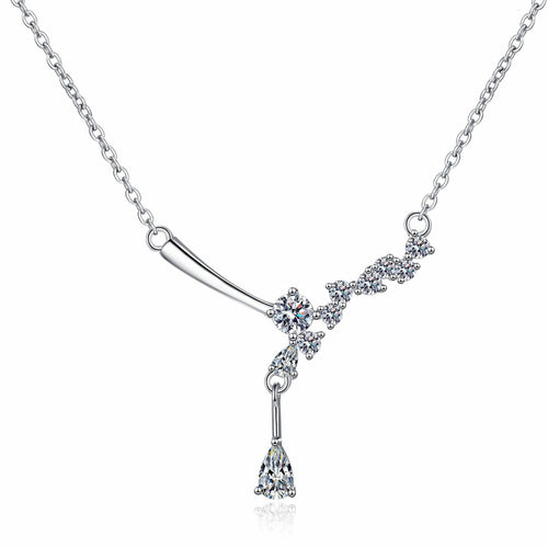 Branch Moissanite Necklace in Rhodium-Plated S925 sterling silver white background product photo showing branch-inspired necklace with round and pear-cut moissanite stones