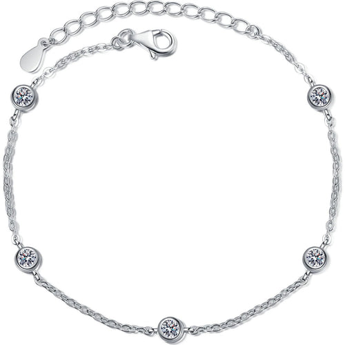 Beaded Moissanite Charm Bracelet in Rhodium-Plated S925 sterling silver white background product photo showing bracelet shape and moissanite setting
