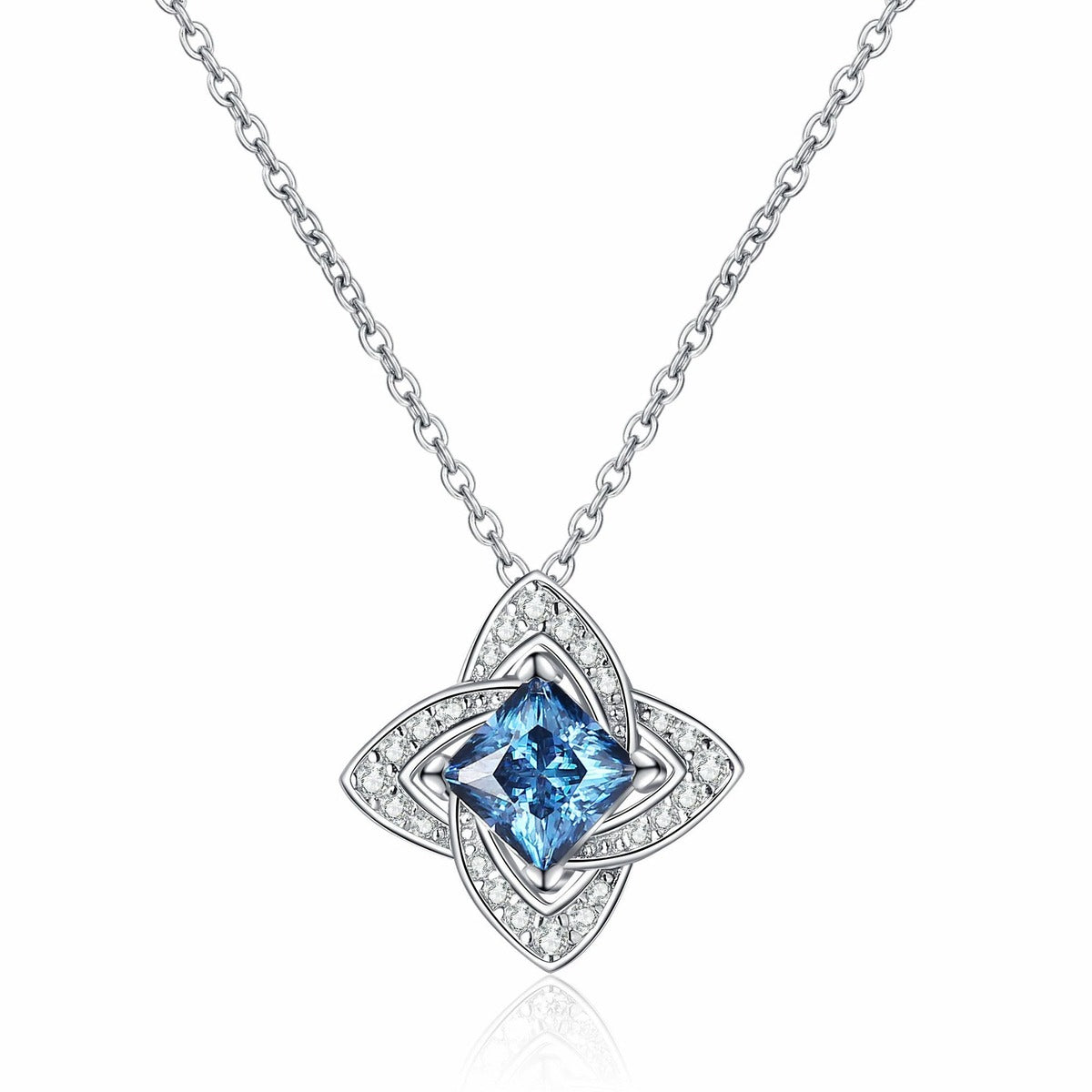 Princess Cut Moissanite Pendant Necklace with CZ in Rhodium-Plated S925 sterling silver close-up product scene showing pendant setting