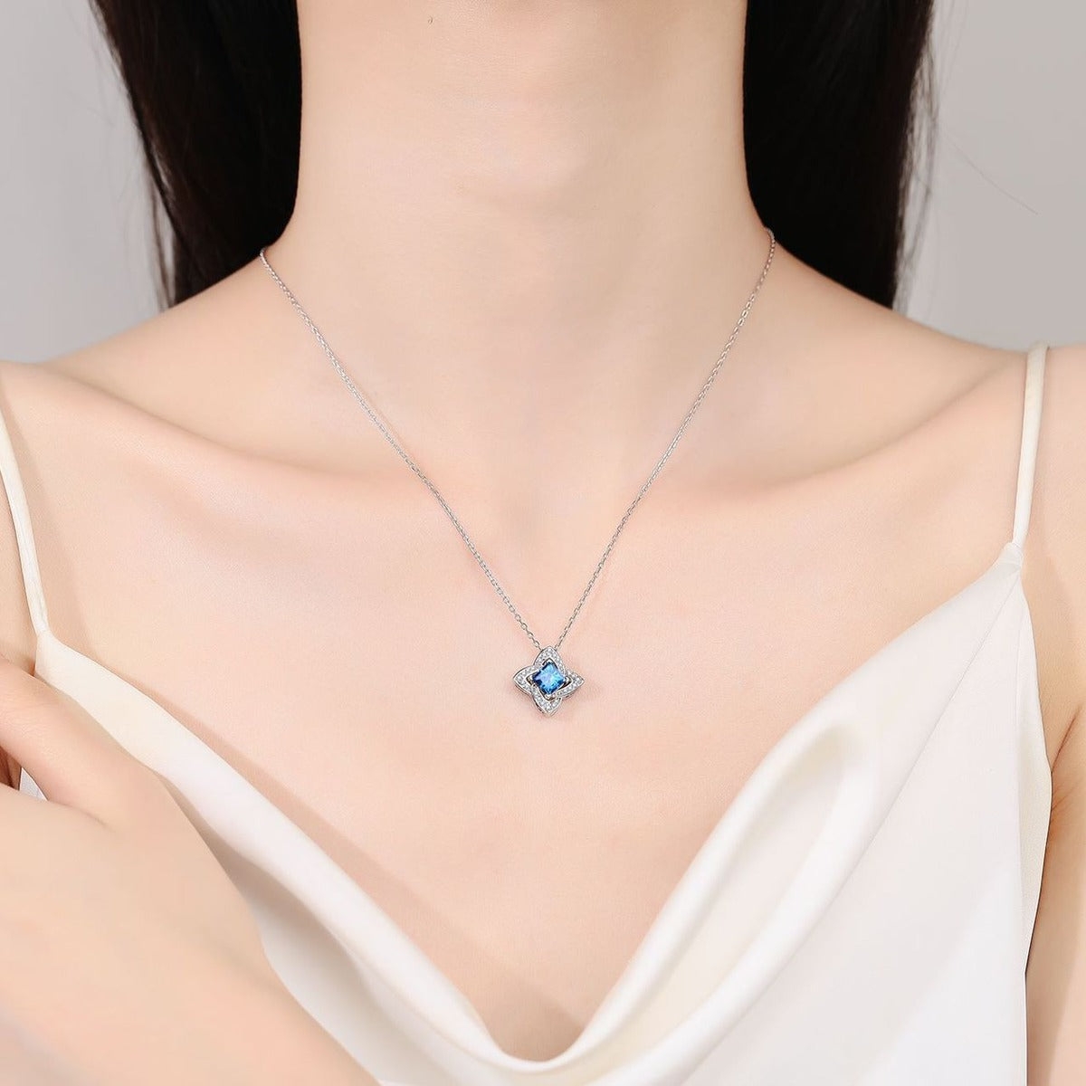 Princess Cut Moissanite Pendant Necklace with CZ in Rhodium-Plated S925 sterling silver additional product styling view