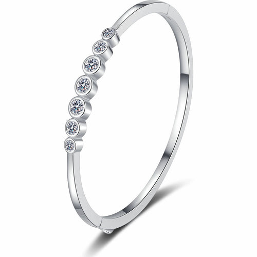 Beaded Round Moissanite Bangle in Rhodium-Plated S925 sterling silver white background product photo showing bangle shape and moissanite setting