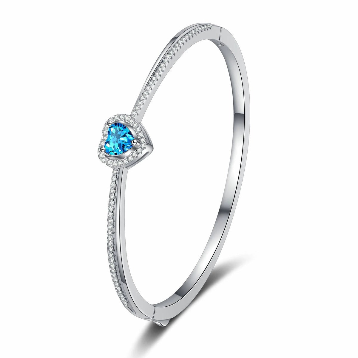 Heart-Cut Moissanite Bangle in Rhodium-Plated S925 sterling silver styled product scene showing moissanite sparkle and bangle detail