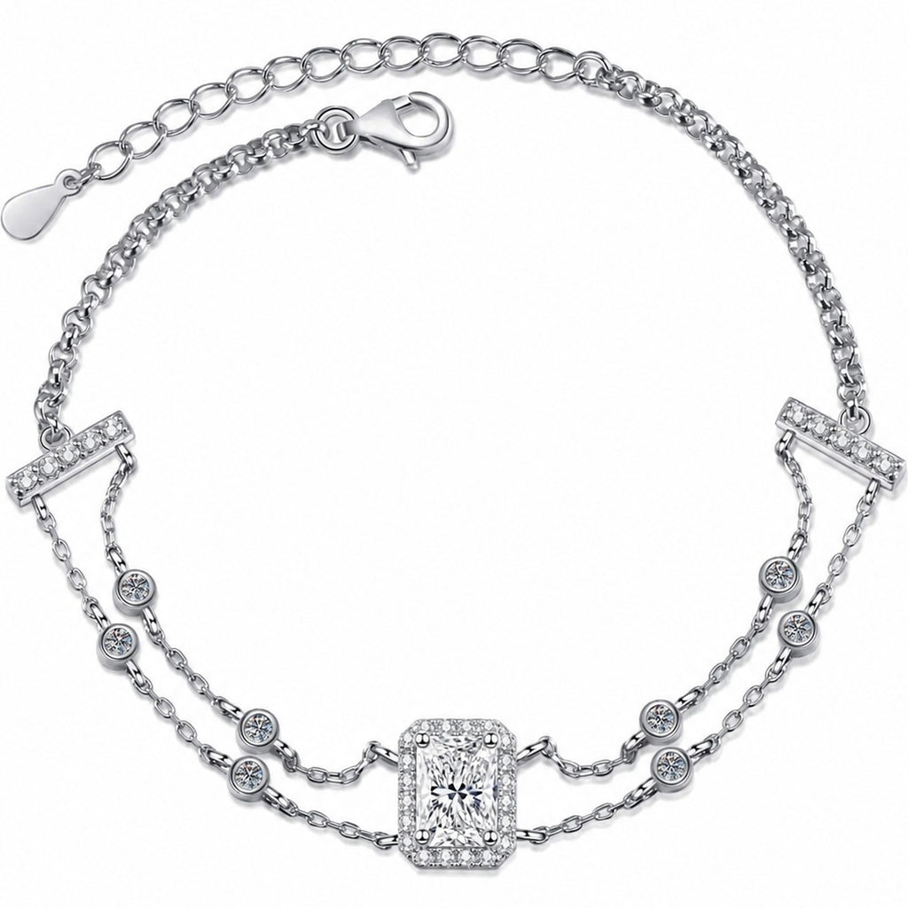 Emerald and Radiant Moissanite Charm Bracelet with CZ in Rhodium-Plated S925 sterling silver white background product photo showing bracelet shape and moissanite setting