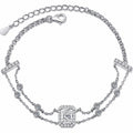 Emerald and Radiant Moissanite Charm Bracelet with CZ in Rhodium-Plated S925 sterling silver white background product photo showing bracelet shape and moissanite setting