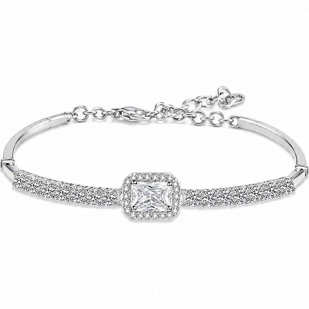 Emerald and Radiant Moissanite Tennis Bracelet with CZ in Rhodium-Plated S925 sterling silver white background product photo showing bracelet shape and moissanite setting