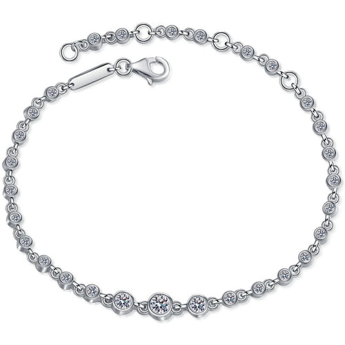 Beaded Round Moissanite Tennis Bracelet in Rhodium and Champion Gold-Plated S925 sterling silver white background product photo showing bracelet shape and moissanite setting