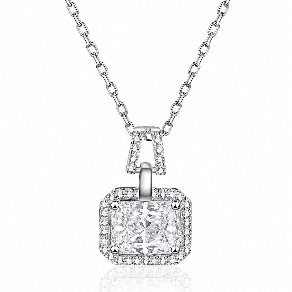 Emerald and Radiant Cut Moissanite Pendant Necklace with CZ in Rhodium-Plated S925 sterling silver white background product photo showing rectangular halo pendant offered in emerald cut and radiant cut moissanite