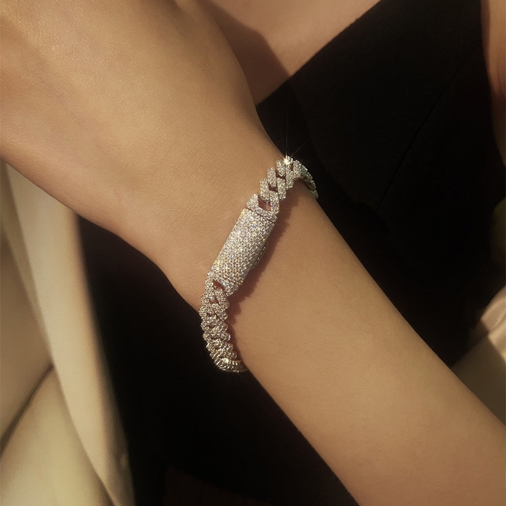 8mm Full Pave Moissanite Cuban Link Bracelet worn on wrist model view showing bracelet scale and fit