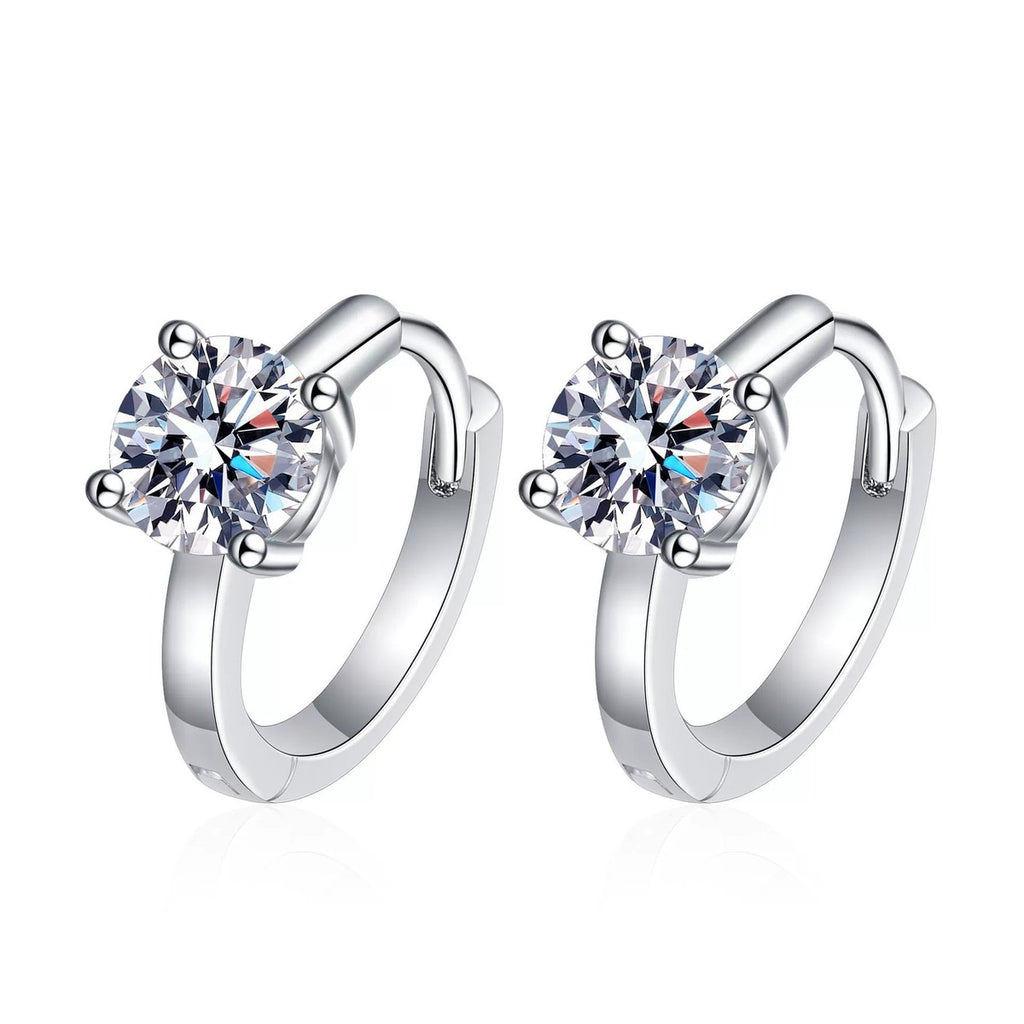 Floral Cluster Moissanite Hoop Earrings in White Gold-Plated S925 Silver on clean white background showing the pair and petite hoop earrings with a flower-like moissanite cluster