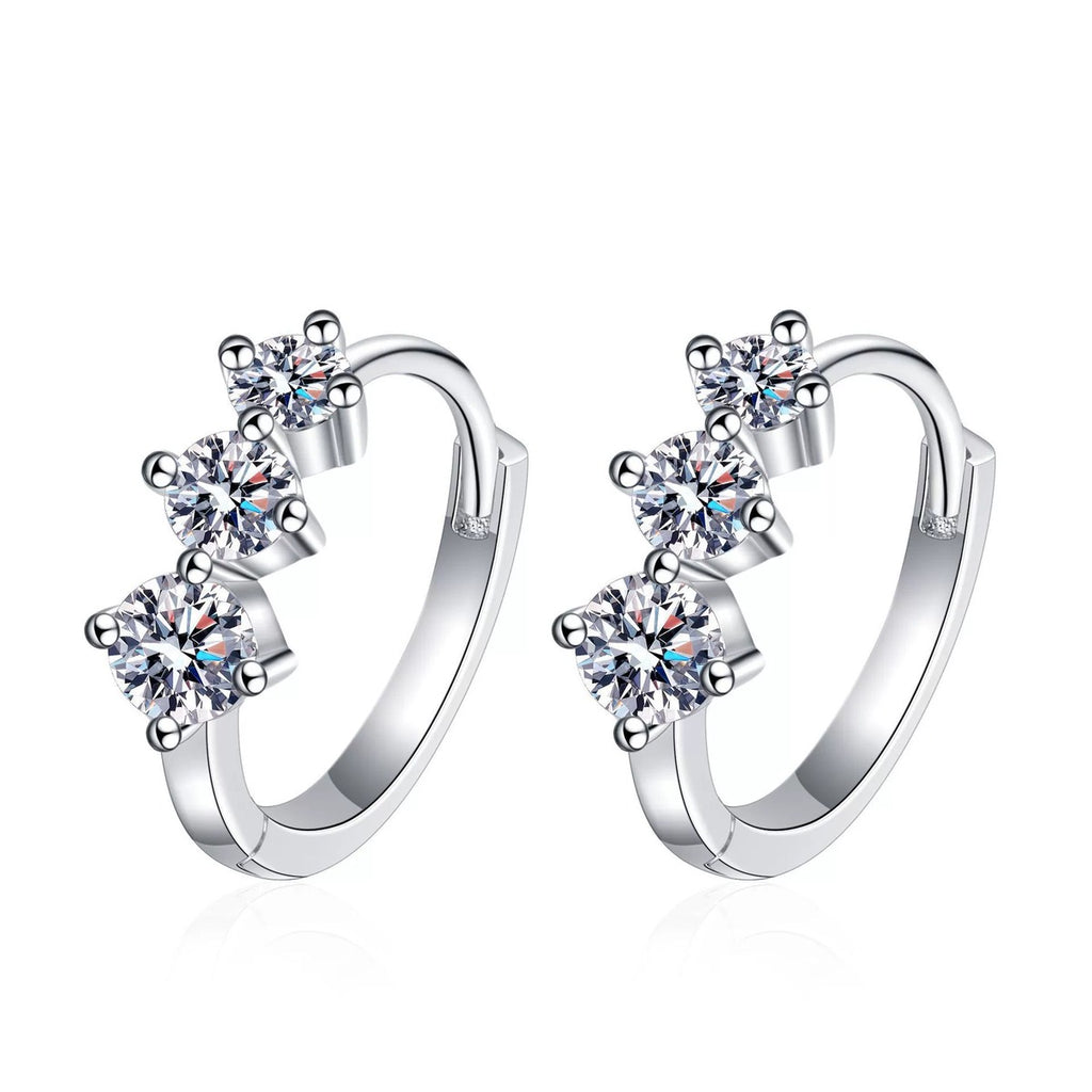 Floral Moissanite Hoop Earrings in White Gold-Plated S925 Sterling Silver on clean white background showing the pair and small floral clusters arranged along a bright huggie hoop