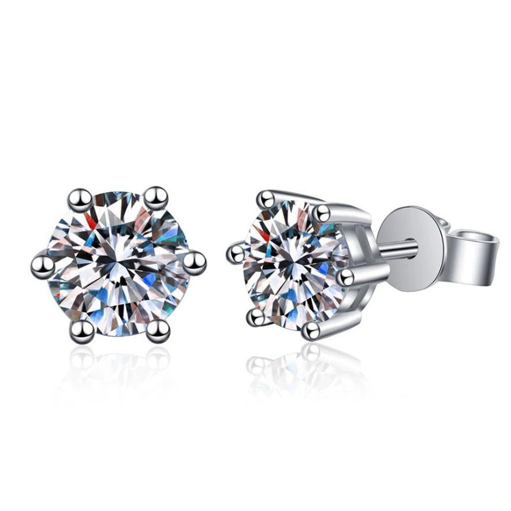 Round Moissanite Stud Earrings in White Gold-Plated S925 Sterling Silver on clean white background showing the pair and classic solitaire studs with a wide range of moissanite sizes