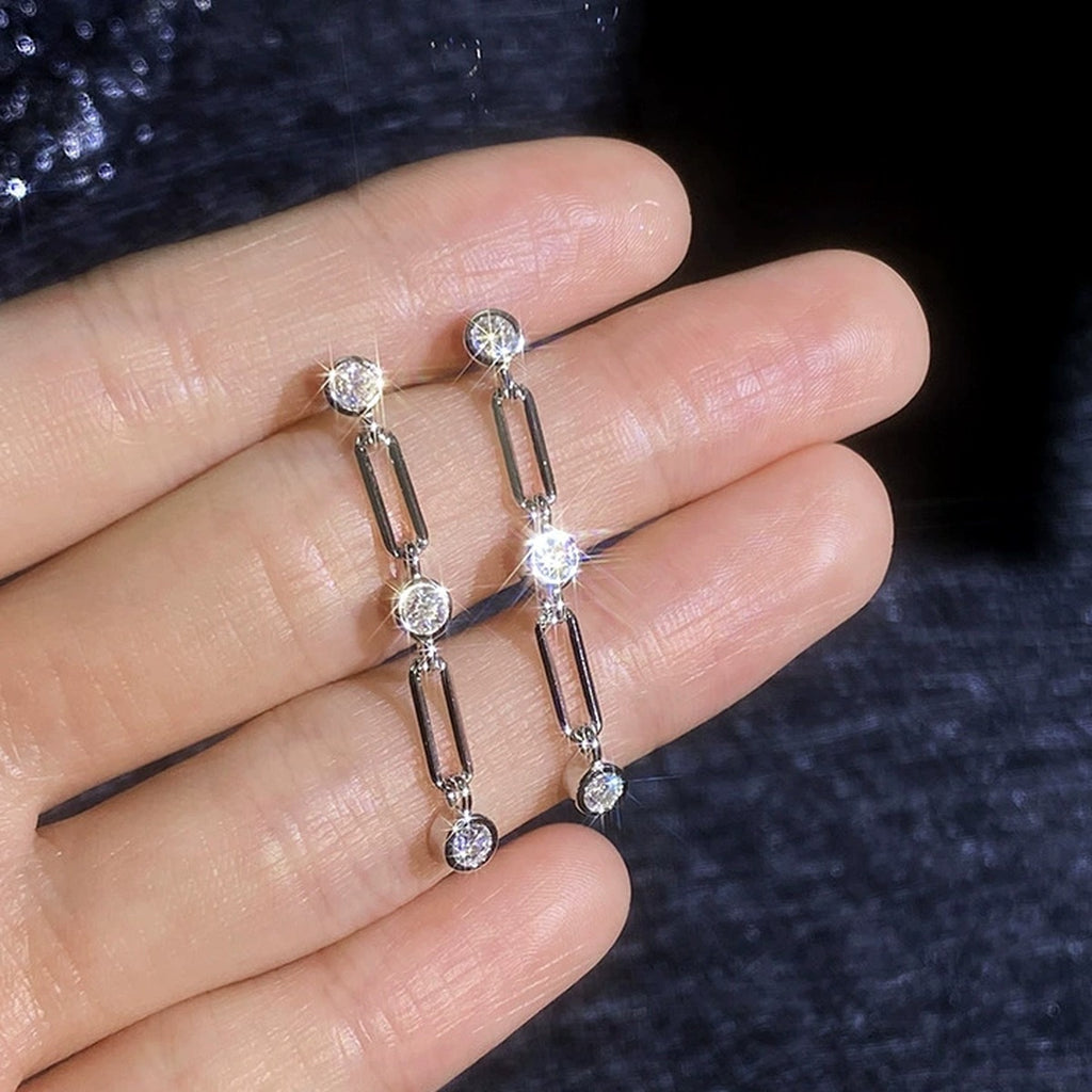 Link Chain Moissanite Drop Earrings in White Gold-Plated S925 Sterling Silver worn on ear by model